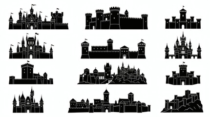 Fototapeta premium Set Of Medieval Castle Silhouettes For Fantasy Graphic Design