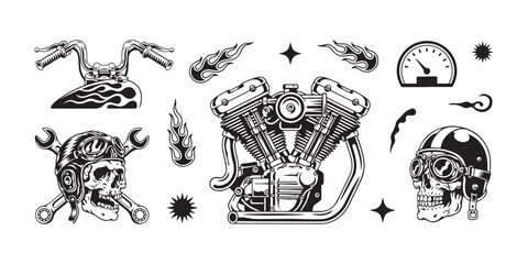Motorcycle chopper parts and biker accessories collection with engine skull helmet speedometer and flame designs. © Monoara