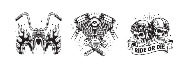 Detailed motorcycle engine and handlebars vector art with flaming motif and skull riders for custom biker gear. © Monoara