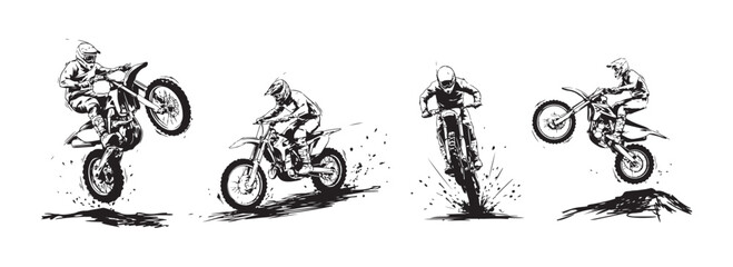 Motocross riders collection, dirt bike riders, extreme sport activities, racing and stunts on off-road terrain. © Monoara