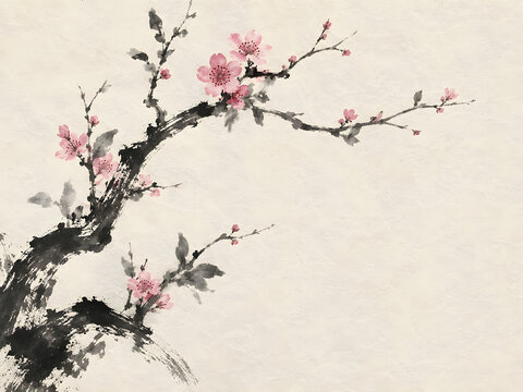 Plum blossoms in sumi-e ink-wash style, Japanese painting with copy space