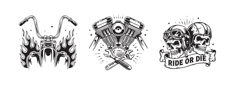 Detailed motorcycle engine and handlebars vector art with flaming motif and skull riders for custom biker gear.