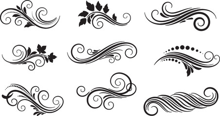 Fototapeta premium Collection of nine black silhouette decorative flourishes and floral ornaments featuring elegant swirls, curved lines, and leaf motifs isolated on a plain white background.