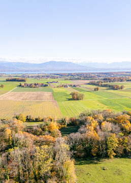 Aerial view of the Jura mountains overlooking autumn forests and agricultural fields with a distant lake under a clear sky in La Rippe, Vaud, Switzerland.