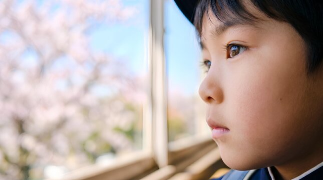 教室の窓から満開の桜を眺める新入生の男の子