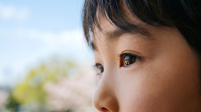 未来を見つめる澄んだ瞳と春の桜のクローズアップ