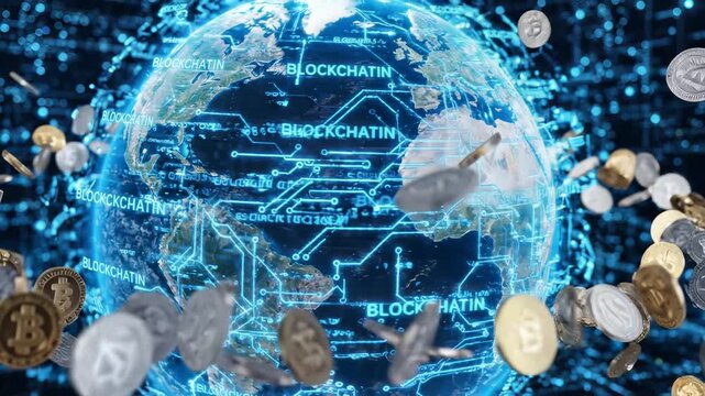 Digital Cryptocurrency Concept with Global Blockchain Network and Floating Bitcoin Coins.