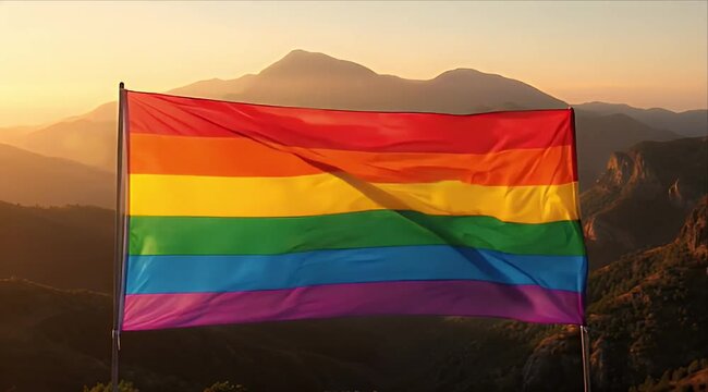 Pride month Rainbow flag pride lgbt symbol mountain landscape sunset sky colorful banner equality freedom diversity celebration outdoor scene peaceful nature sunrise landscape colorful celebration