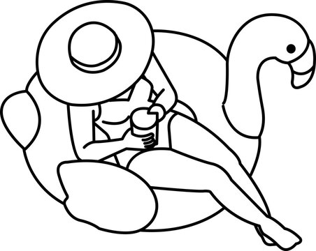 Line art of a woman with a sun hat relaxing on a giant flamingo floaty