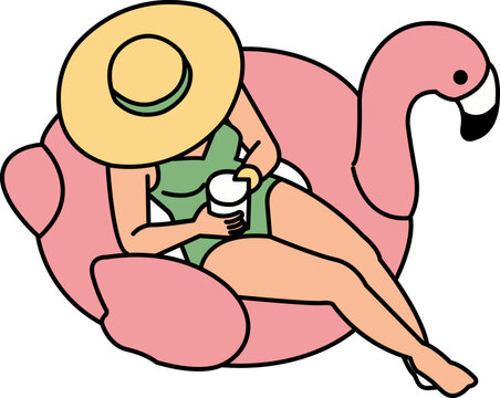 Colorful illustration of a woman with a yellow hat on a pink flamingo floaty