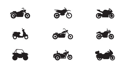 Motorcycle silhouette icons set including cruiser dirt bike sport bike scooter and atv on transparent grid. © Monoara