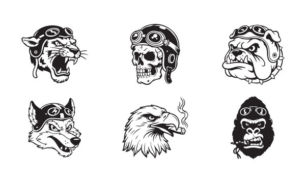 Biker mascot heads set with animals and skull wearing vintage motorcycle helmets and goggles on transparent.