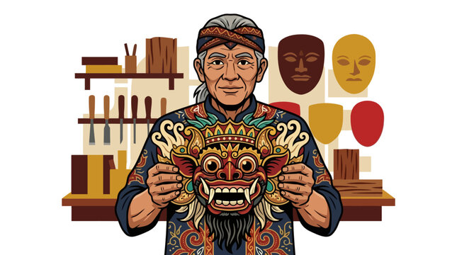 Balinese artisan craftsman holding traditional wooden barong mask in his workshop illustration. EPS Editable