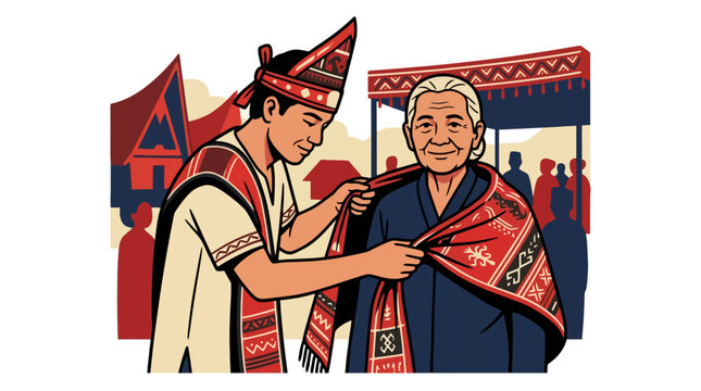 Batak man draping traditional ulos cloth on elderly woman shoulder in cultural ceremony illustration. EPS Editable