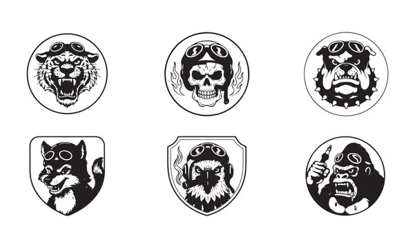 Biker club emblems featuring animal mascots in circle frames with motorcycle helmets and goggles set vector.