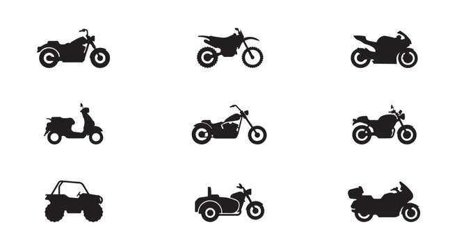 Motorcycle silhouette icons set including cruiser dirt bike sport bike scooter and atv on transparent grid.