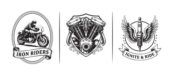Vintage motorcycle emblems with cafe racer, V-twin engine, and winged spark plug designs. © Monoara