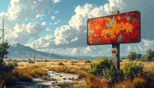 A weathered, blank sign stands in a desolate landscape with sparse vegetation, mountain backdrop, and cloudy sky