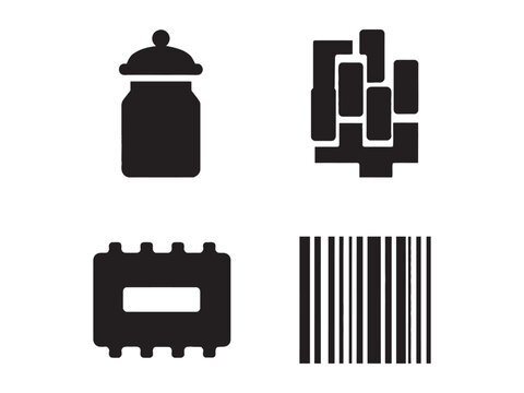 Black icons of salt shaker puzzle piece ticket and barcode on white background