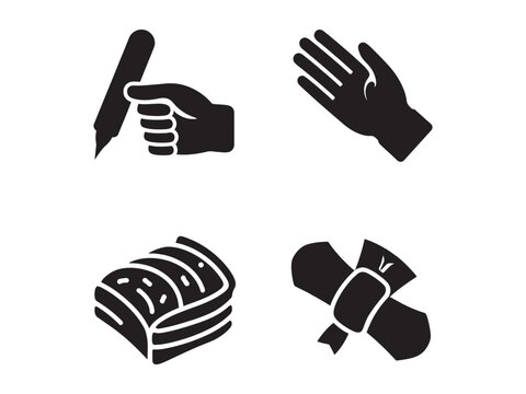 Black silhouette icons of hands and bread on white background for graphic design use