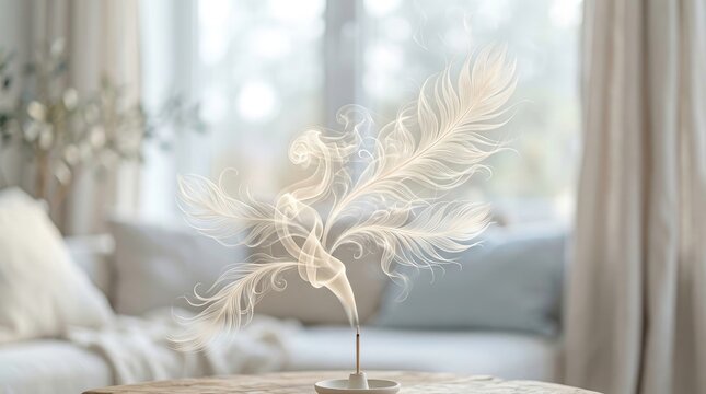 Abstract artwork of smoke resembling feathers, serene and calming, inside of a house.