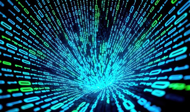 Abstract blue and green binary code tunnel zooming into bright light representing digital data flo