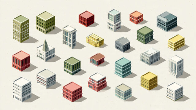 Colorful Isometric Cityscape with Various Buildings.