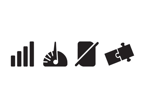 Four black and white icons of graph speedometer pencil and puzzle piece on white background