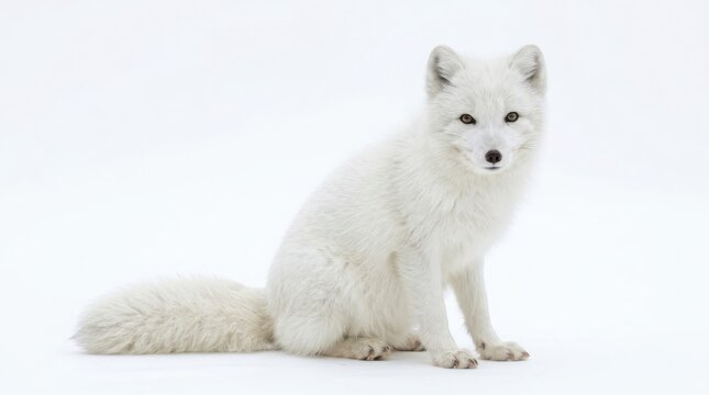 Full length portrait of an arctic fox sitting against a clean white background with wildlife predator portrait creature wilderness isolated background predatory
