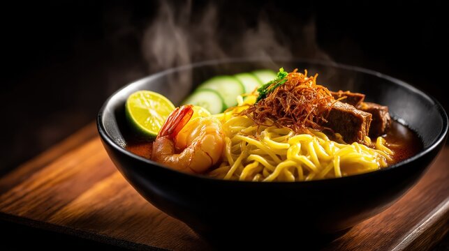 Steaming Mie Aceh Spicy Noodles Rich Indonesian Dish with Succulent Shrimp and Beef