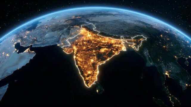 India glowing outline brightening on planet Earth curve at night with city lights in space