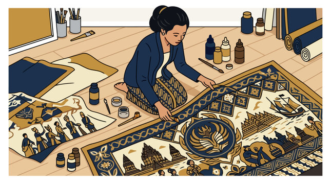 Female artist creating traditional Indonesian batik painting illustration. EPS Editable