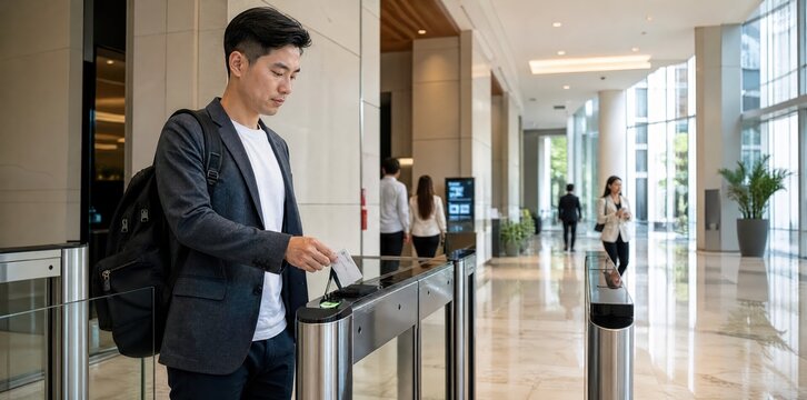 Generative AI, Asian businessman tagging an ID card at the security turnstile in a corporate lobby