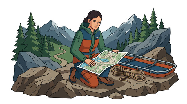 Female rescue worker looking at a map in the mountains with a rescue sled nearby illustration. EPS Editable