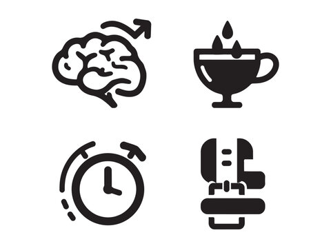 Four black and white icons of brain clock coffee cup and office chair on white background