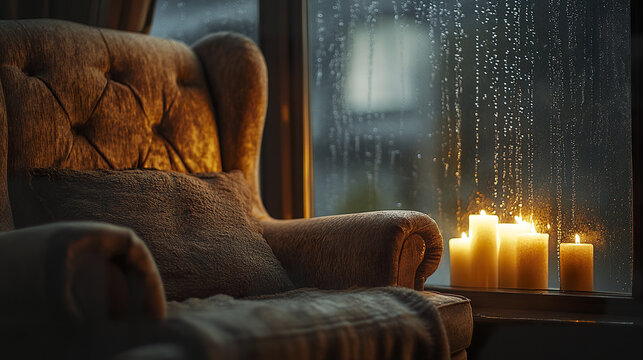 Cozy plush armchair with soft pillow beside rain covered window glowing with warm candlelight creates peaceful and inviting atmosphere for relaxation indoors