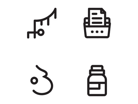 Line icons of graph chart printer omicron sign and medicine bottle on white background
