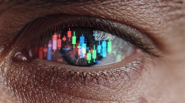Close up of human eye reflecting stock market candlestick chart.