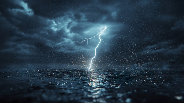 Powerful lightning bolt splits dark stormy sky over rough ocean with heavy rain pouring down, creating dramatic and intense natural scene full of energy and movement