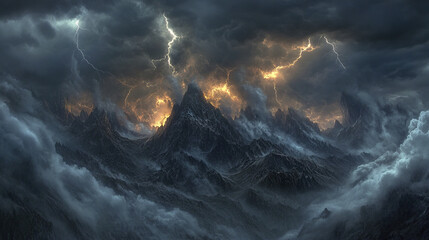 Fototapeta premium Powerful thunderstorm unleashes lightning over rugged mountain peaks with dark storm clouds and glowing orange sky, creating dramatic and intense natural scene