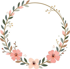 Fototapeta premium Elegant pastel floral wreath frame with pink flowers and green leaves arrangement.