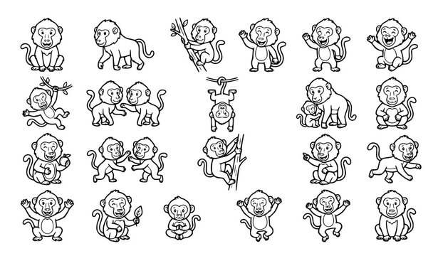 Funny Baboon Coloring Book Vector Pack with Cute Cartoon Primate Characters