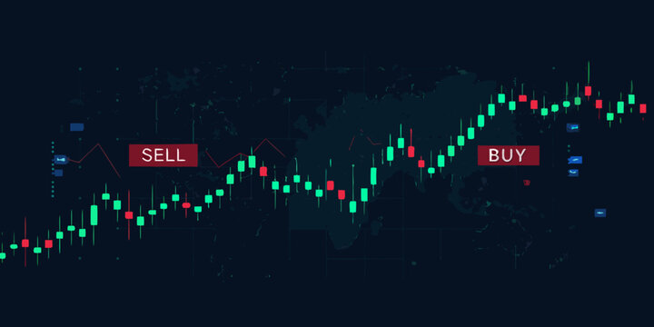 Candlestick chart with world map background dark teal and red color scheme