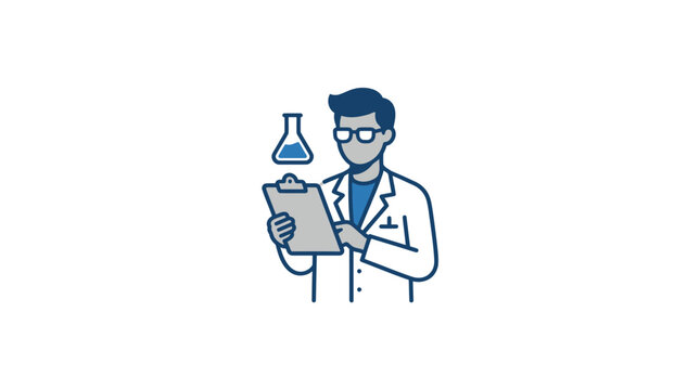 Scientist Man Holding Clipboard with Flask Vector Illustration