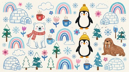 Obraz premium Polar bear and penguins enjoy a cozy winter landscape filled with colorful rainbows, snow-covered igloos, evergreen trees, and steaming hot drinks.