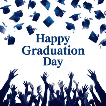Blue graduation cap and tassel with happy graduation day text