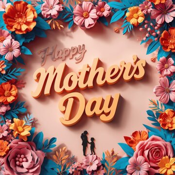 Bright floral pattern with happy mothers day text and silhouette