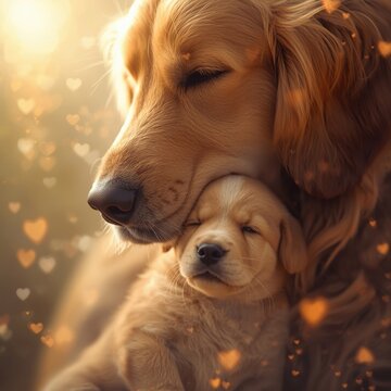 Closeup of a golden retriever puppy with dreamy bokeh lights background