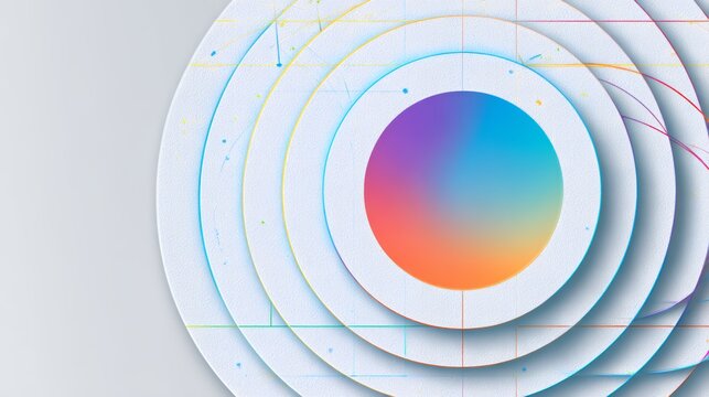 Abstract futuristic background with white circular layers colorful vibrant center gradient and geometric grid lines for tech design