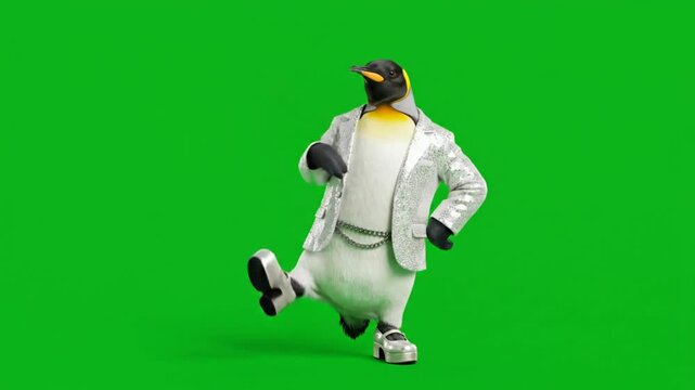 Penguin character in sparkly disco suit dancing with retro pose on green screen background
